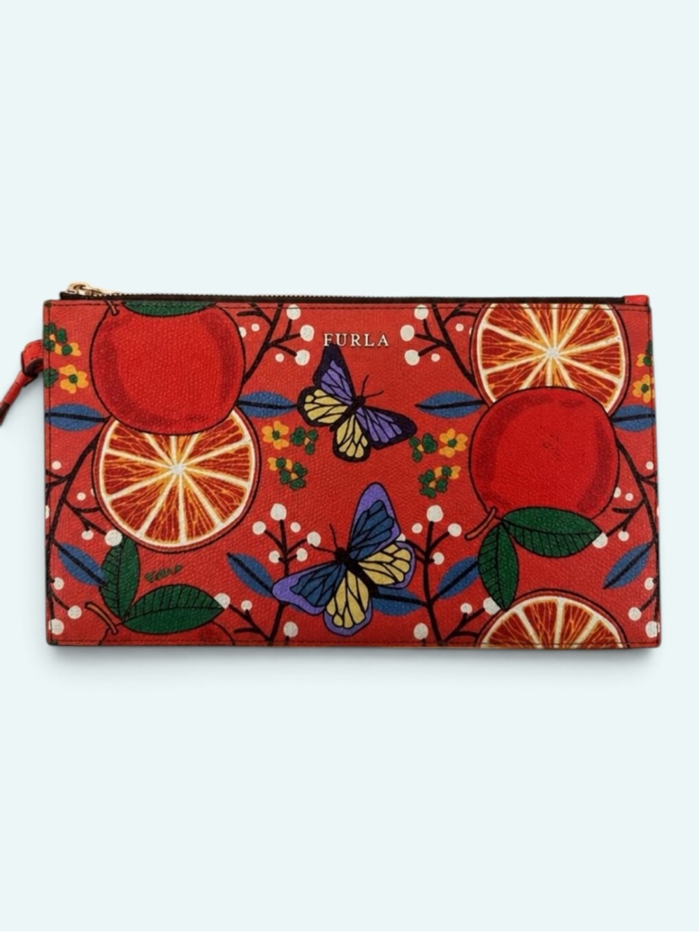 Furla EUC LIMITED EDITION Red Babylon Citrus & Butterfly Zip Pouch